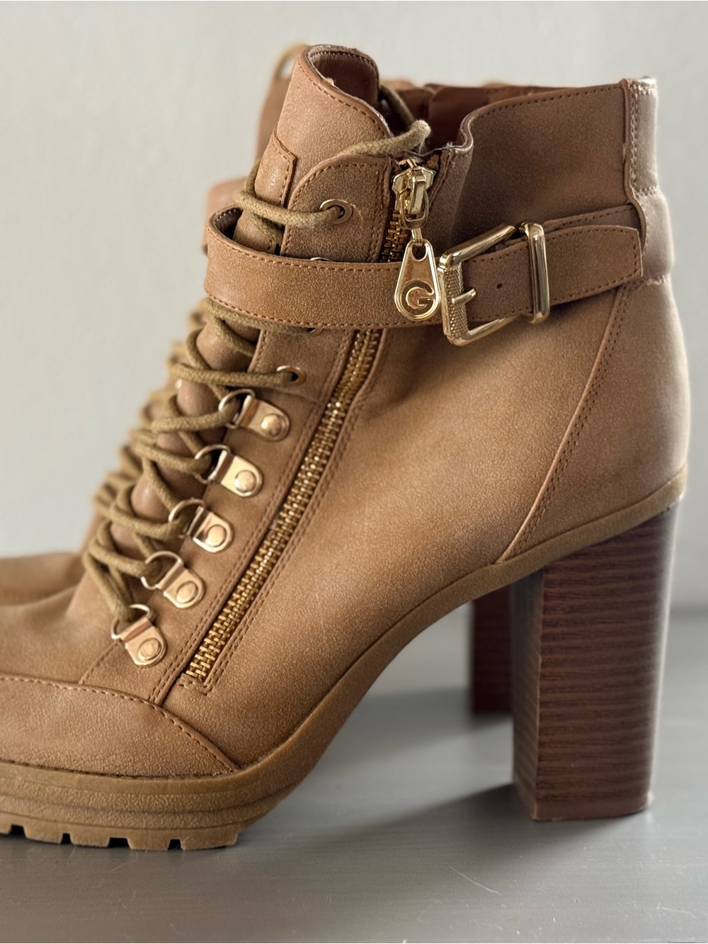 G by Guess Tan Lace-Up Block Heel Ankle Boot with Gold Buckle - Picture 3 of 6